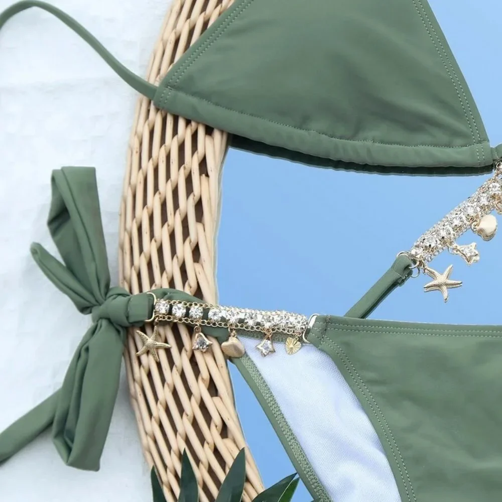 Shein Rhinestone Chain Linked Tie Side Bikini Swimsuit in Army Green (2 pc set) - Picture 4 of 12